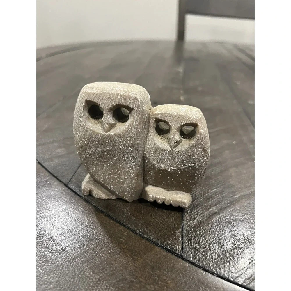 Vintage MCM Russian Stone Owl Pair Carving Figurine Handcrafted Soapstone 3